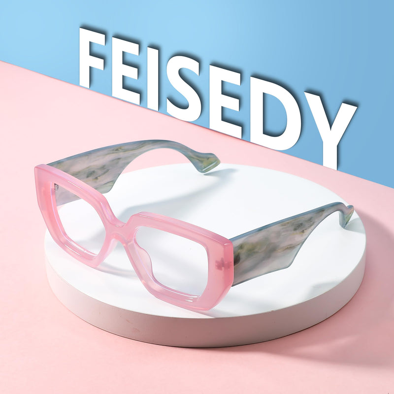 FEISEDY Blue Light Glasses for Women, Oversized Square Thick Frame, Computer Eyeglass Anti Eyestrain B4129 Pink Frame/Green Temple