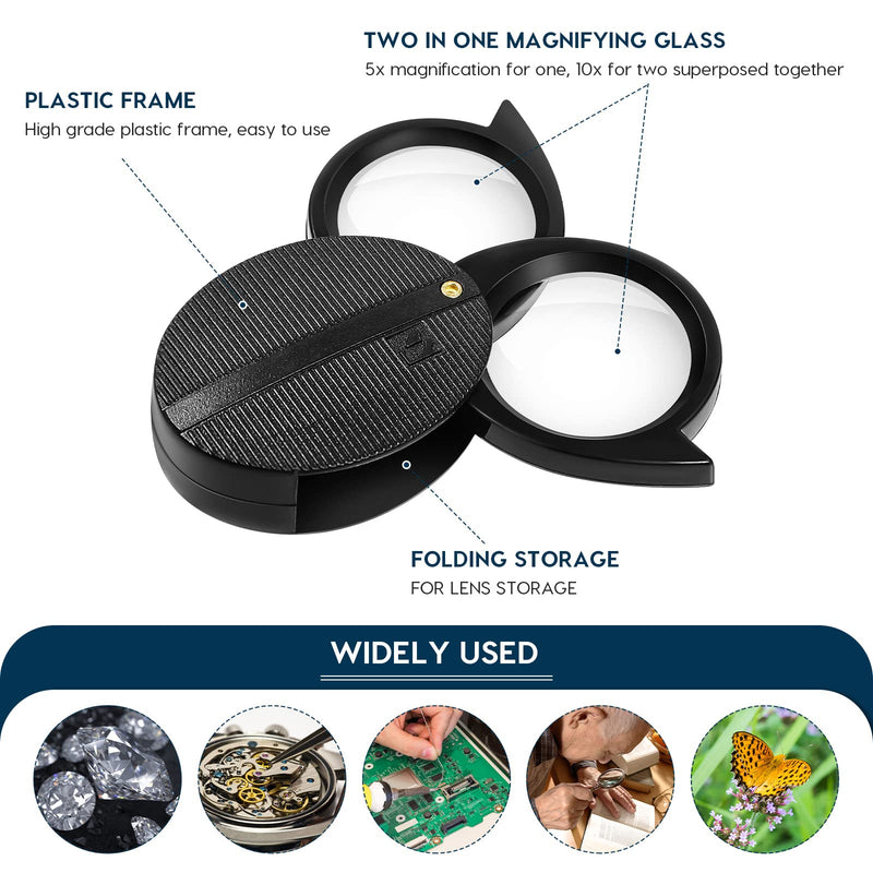 ULTECHNOVO Folding Pocket Magnifying Portable Handheld Optical Glass Crafts Magnifier for Women and Men Reading (Dual Lens (5X/10Xï¼‰) - Black