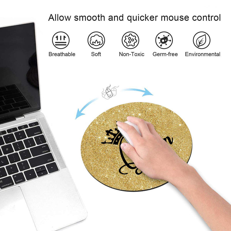 Round Mouse Pad with Coasters Set, Gold Glitter Quotes Crown Queen Design Mouse Pad, Non-Slip Rubber Base Mouse Pads for Laptop and Computer Office Accessories