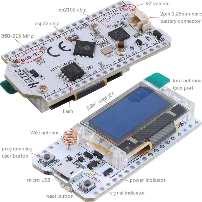 DIYmalls 915MHz ESP32 LoRa OLED 0.96 SX1276 Transceiver Module + LoRa Antenna U.FL IPEX to SMA + 2P 1.25mm Battery Connector for Arduino LoraWan IOT