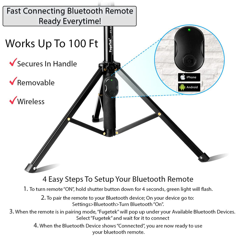 Fugetek 51" Professional Selfie Stick & Tripod, Phone Holder, Extendable, Bluetooth Remote, Portable All in One, Heavy Duty Aluminum, Compatible with iPhone & Android Devices, Non Skid Feet, Black