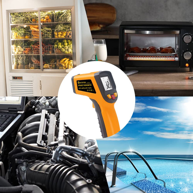 KETOTEK Infrared Thermometer Laser Digital IR Pyrometer Non-Contact Temperature Gun -50°C to 400°C Temperature Meter for Cooking Barbecue Freezer Industry Food Orange