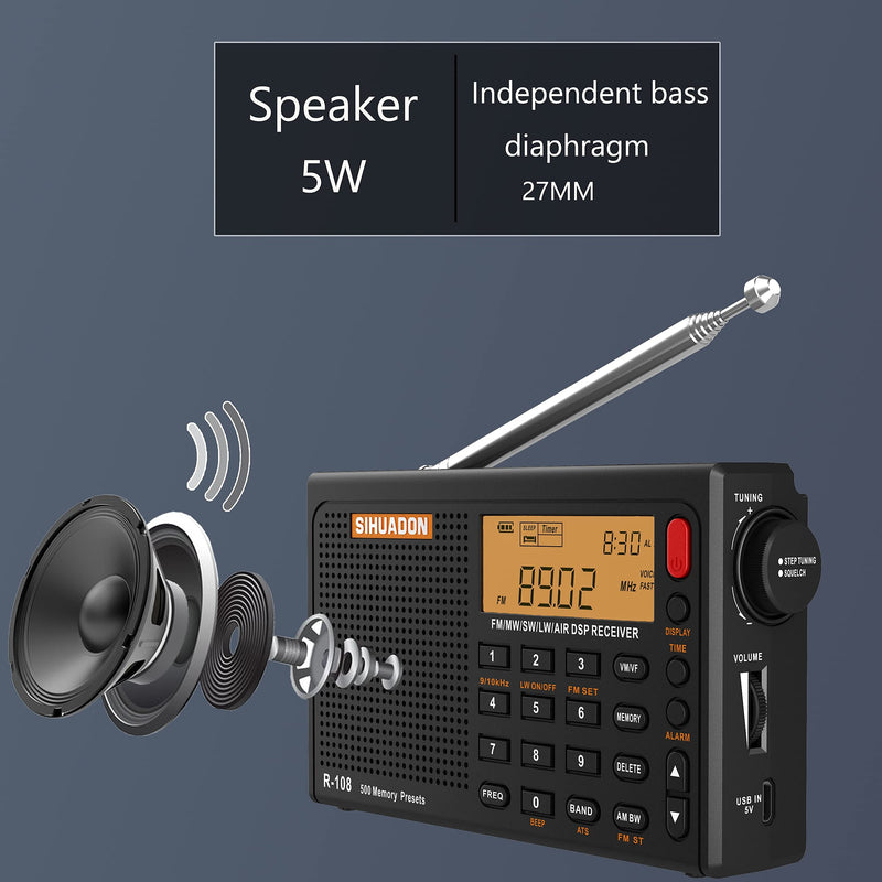 SIHUADON R108 Portable Radio AM FM SW LW Airband Full Band DSP Stereo Radio Battery Operated with Headphone Antenna Jack Sleep Time and Alarm Clock 500 Memory Preset Good Gift for Parents by RADIWOW Black