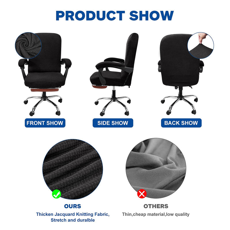 Necolorlife Office Chair Cover with Armrest Covers Stretchable Desk Chair Cover Thick Checked Jacquard High Back Office Seat Cover for Universal Rotating Chair (Large Size,Black) Black With Arm Covers Large