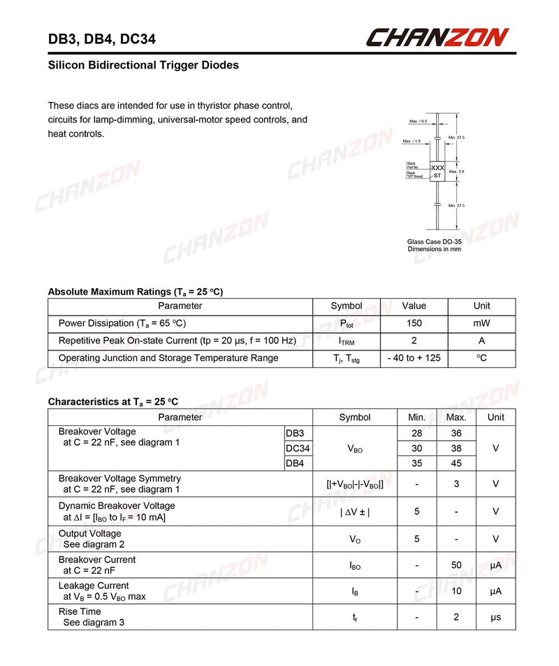 (Pack of 100 Pieces) Chanzon DB3 DIAC Bidirectional Trigger Diode 2A 32V 150mW DO-35 (DO-204AH) DB-3 Axial Silicon Diodes