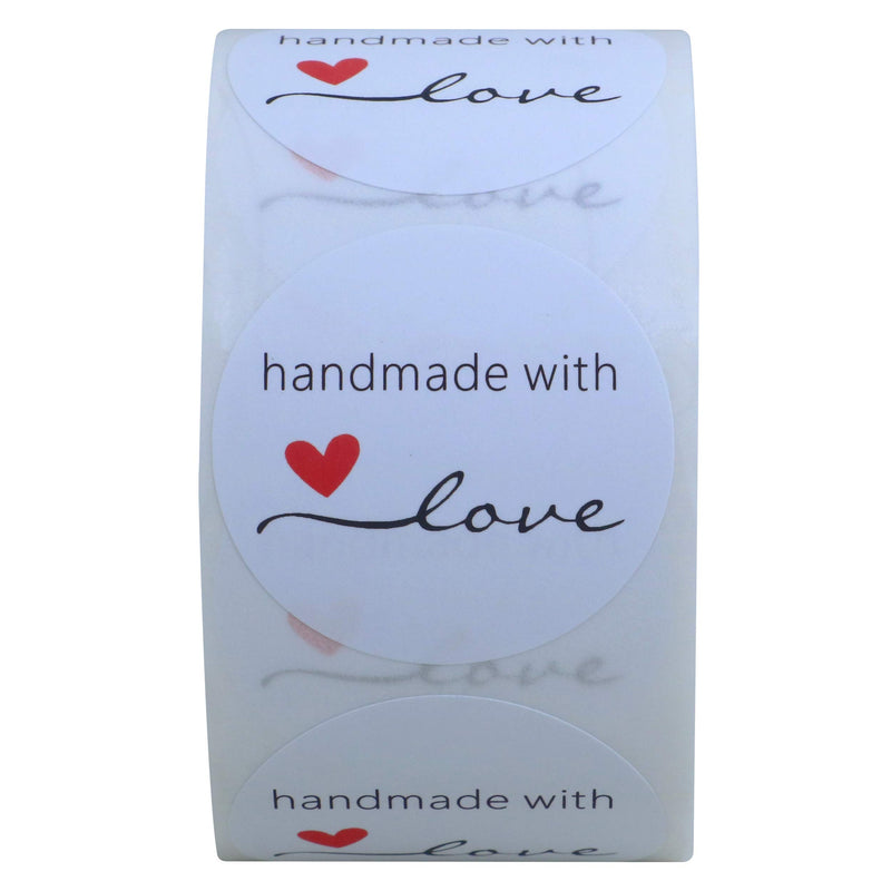 Hybsk Handmade with Love Stickers 1.5" Inch Round Total 500 Adhesive Labels Per Roll (White) White