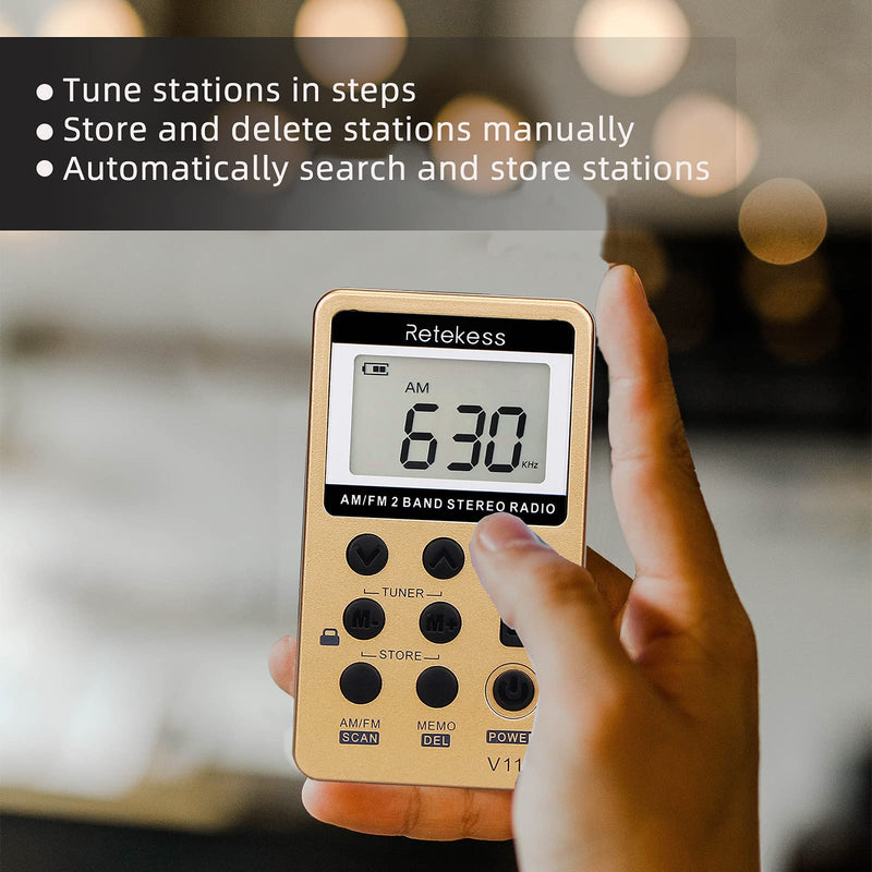Retekess V112 AM FM Radio Portable, Mini Radio with Earphone Pocket, Digital Tuning Rechargeable Battery LCD Display for Walking Jogging(Gold) Gold