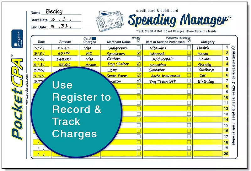 Credit Card Spending Envelopes. Large Envelopes with Ledger to Record & Track Purchases. Stores Receipts. Matches Receipts & Purchases to Charges on Monthly Statements. Budget Organizer. 12/Pack.