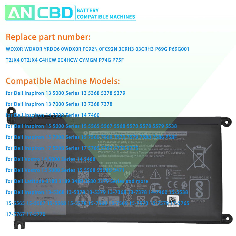ANCBD WDX0R Replacement Laptop Battery for Dell for Inspiron 13 15 5000 7000 Series 5570 7579 7378 5567 7573 5565 5379 5378 Latitude 3490 3590 3340 3400 3390 3500 3190 P58F P75F P66F P69G 3CRH3