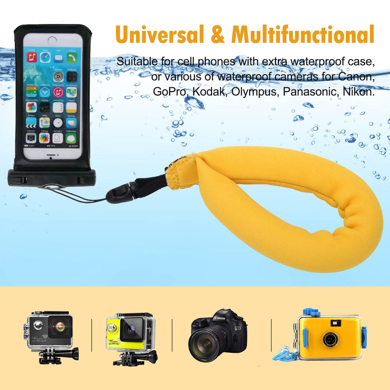 4 Pack Waterproof Camera Floats, AngleKai Yellow Floating Camera Strap, Portable Waterproof Camera Float Strap for Underwater Camera Floating Wrist Strap