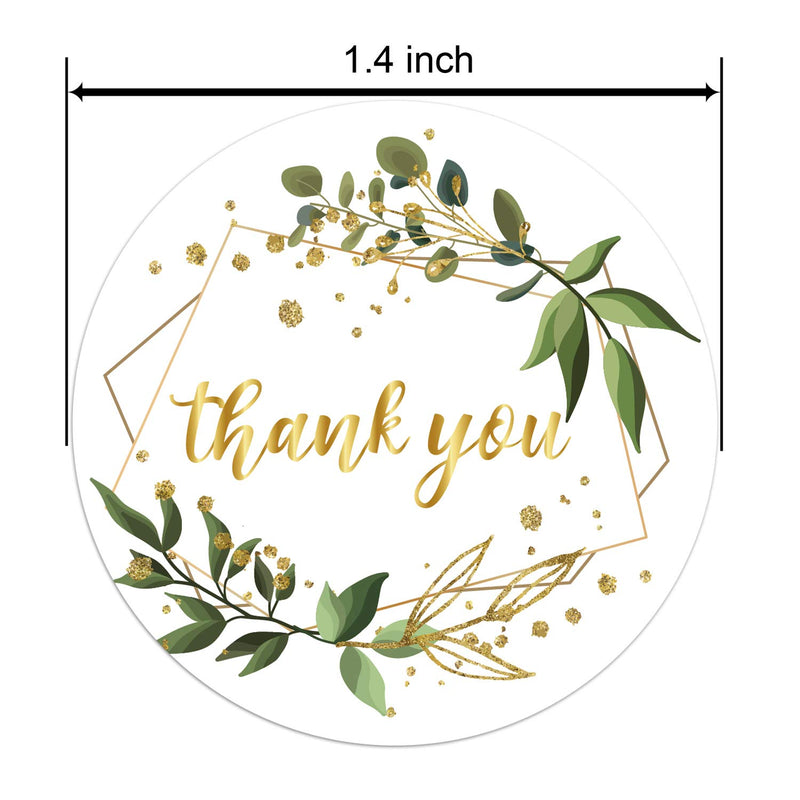 Thank You Stickers Roll, Green Leaves with Golden Frames Thank You Stickers, 1.4 Inch Adhesive Label Stickers 6 Different Designs, Perfect for Birthday, Wedding Favors, Small Business, 500 Per Pack.