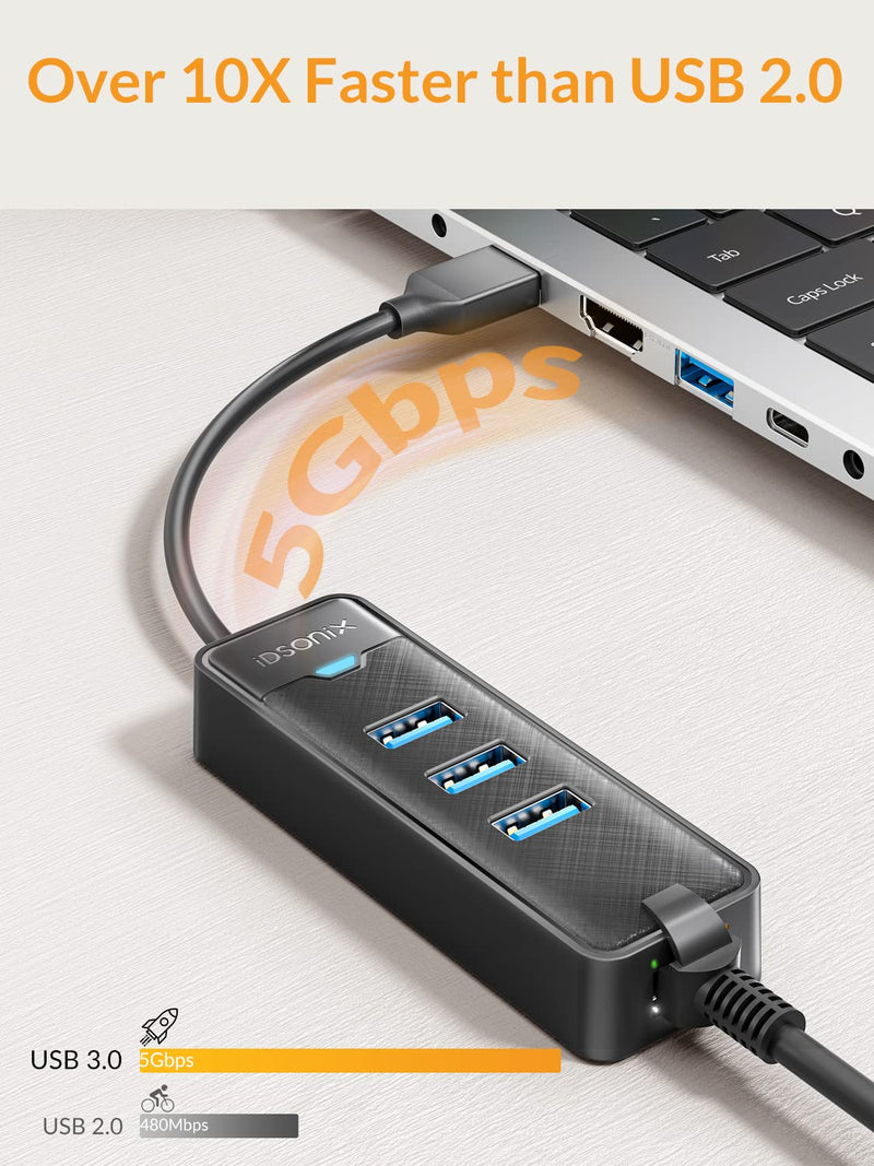 USB 3.0 to Ethernet Adapter, iDsonix 3-Port USB 3.0 Hub with RJ45 10/100/1000 Gigabit Ethernet Adapter for Laptop, Support Windows, Mac OS, Surface Pro, Linux, XPS and More Ethernet USB-A