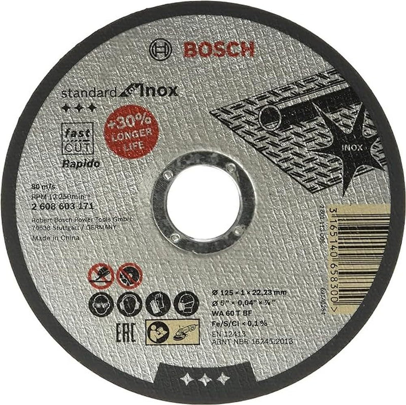 Bosch Professional 10x cutting disc straight standard for Inox - Rapido (stainless steel, WA 60 T BF, Ø 125 mm, 1.0 mm, angle grinder accessories)