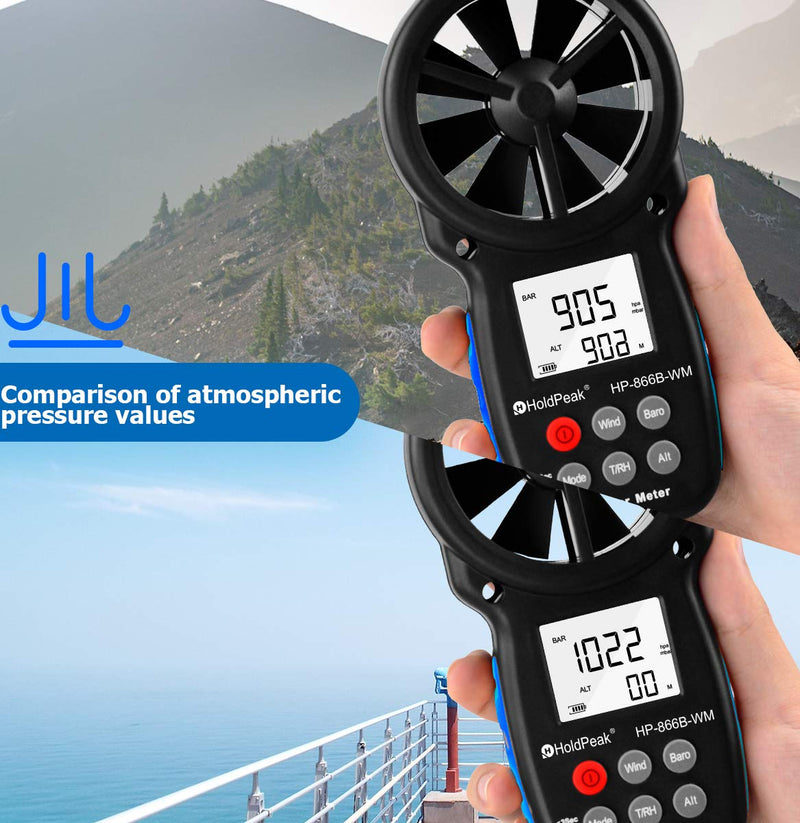 HOLDPEAK 866B-WM Digital Anemometer Handheld Wind Speed Meter with Altitude and hpa measurement, for Measuring Wind Speed, Temperature (℃/℉)，Dew point and Wind Chill with Backlight and Humidity Tester 1Pcs 866B-WM Multifunctional Anemometer