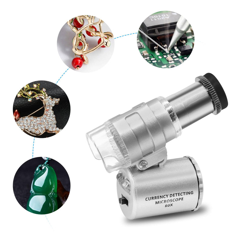 APKLVSR Mini 60X LED Microscope, 60x Mini Pocket Microscope, Mini Microscope, Pocket Microscope Magnifying Glass Microscope for Jeweler Adjustable Magnifying Glass with UV Light