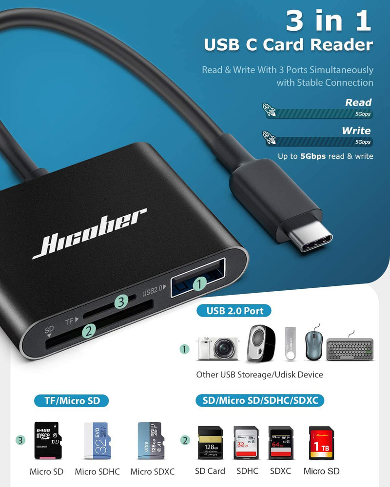 Hicober USB C to SD Card Reader, Micro SD Memory Card Reader, Type C to SD Card Reader Adapter 2TB Capacity for MacBook Camera Android Windows Linux and Other Type C Device-Black Black