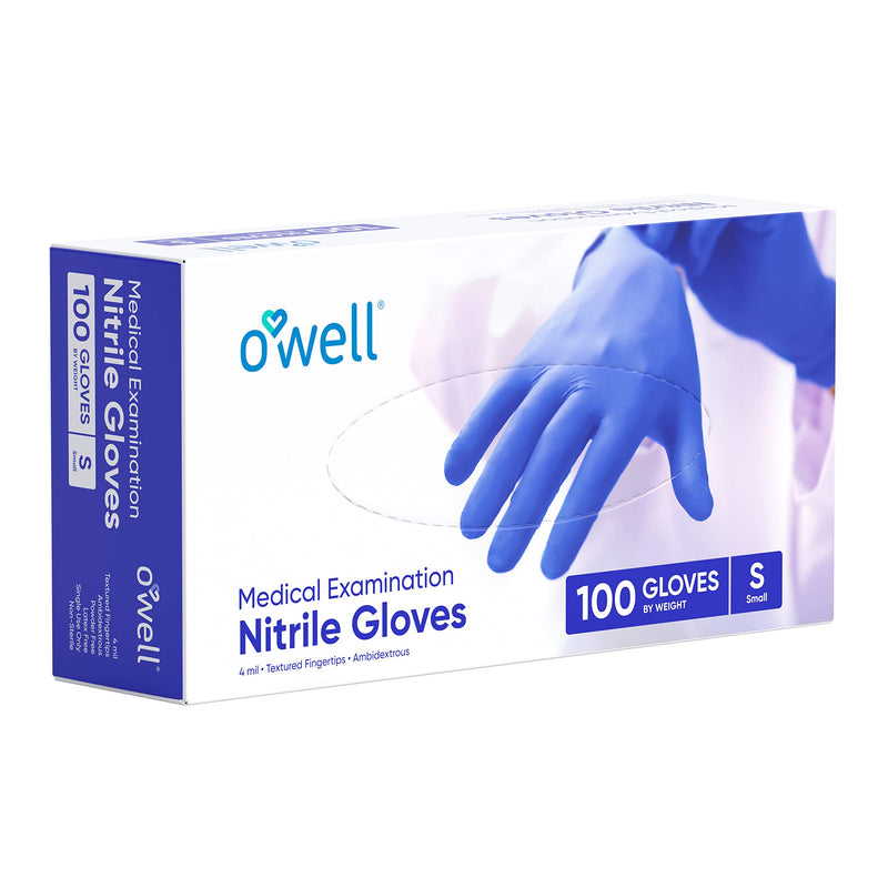 O'WELL Medical Examination Nitrile Gloves | XS-S-M-L-XL | 4mil, Finger Textured, Powder & Latex Free | Medical & Food Grade Small (100 Count) Blue