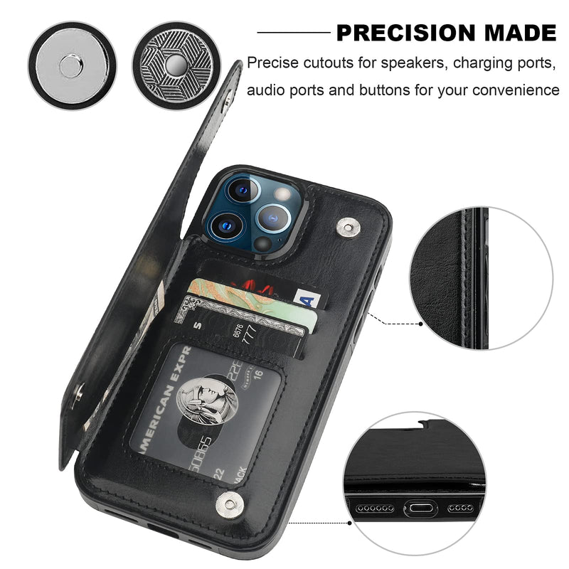 ONETOP Compatible with iPhone 13 Pro Max Wallet Case with Card Holder,PU Leather Kickstand Card Slots Case, Double Magnetic Clasp and Durable Shockproof Cover 6.7 Inch(Black) Black