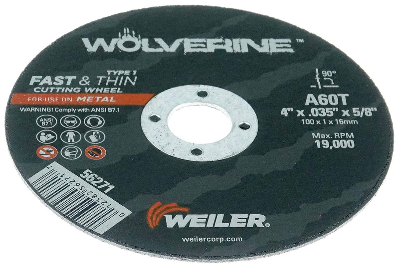 Weiler 56271 4" x 0;035" Wolverine Type 1 Thin Cutting Wheel, A60T, 5 8" A.H. (Pack of 25) 4"