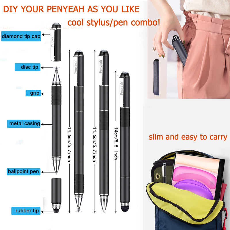 Penyeah Diamond Stylus Pen for iPad, Multi-Tips Capacitive Stylist Pens for Touch Screens, Universal for Apple iPhone/Ipad/Android/Microsoft/Surface Laptop Tablet - Black