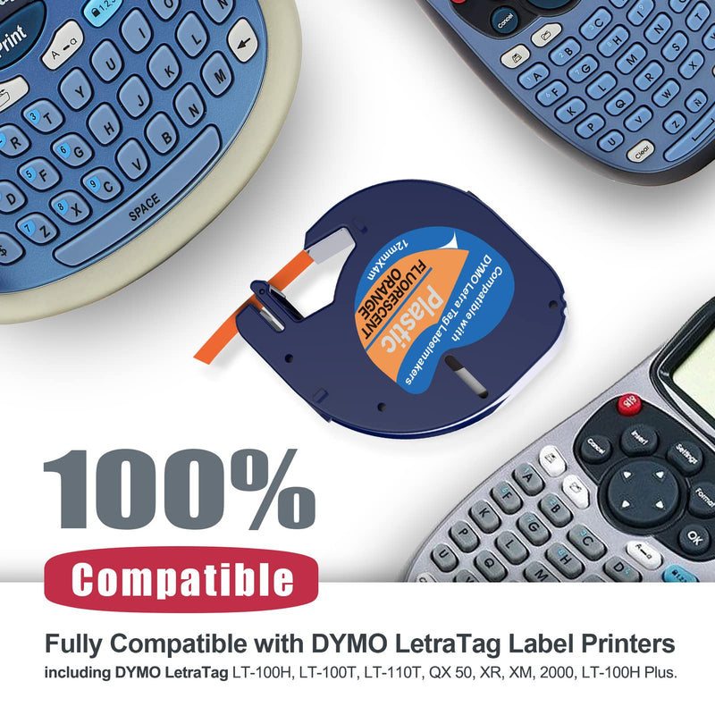 5 X Fluorescent Label Tape Compatible with DYMO Label Maker Refills 12mm x 4m Letra Tag LT100T LT100H QX50 Label Makers 5