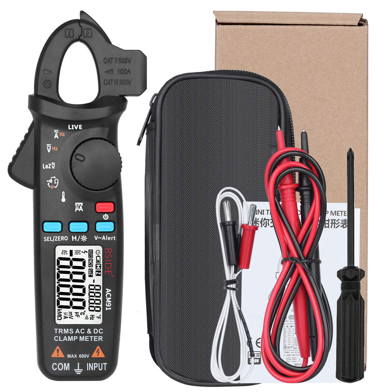 BSIDE ACM91 Digital Clamp Meter 1mA AC/DC Current True RMS Auto-Ranging 6000 Counts Meter Hz Temperature Capacitance Live Check V-Alert Low Impedance Voltage Tester Black