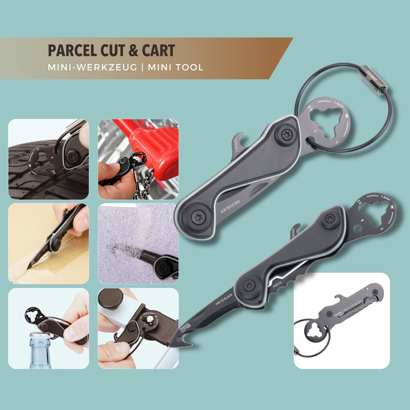 Key ring mini tool 9 functions - PARCEL CUT & CART - shopping cart remover, parcel knife, bottle opener, parcel opener (real 440 stainless steel) anodized aluminum titanium color - TROIKA Original