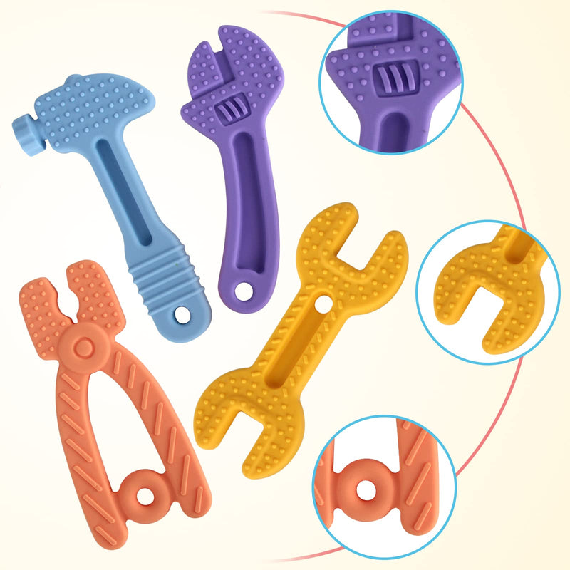 Fu Store 4 Pack Soft Silicone Teething Toys for Toddlers Infant Hammer Wrench Spanner Pliers Tools Shape Baby Teethers Relief Soothe Babies Gums Set (Hammer Set) 4 Pack Hammer Set