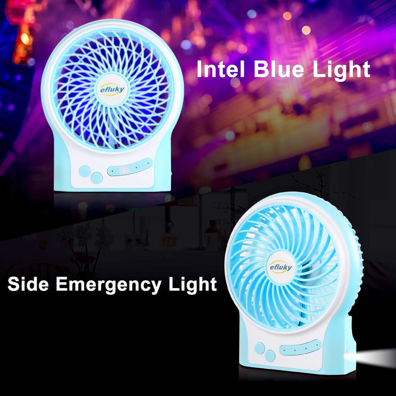 efluky 3 Speeds Mini Desk Fan, Rechargeable Battery Operated Fan with LED Light and 2200mAh Battery, Portable USB Fan Quiet for Home, Office, Travel, Camping, Outdoor, Indoor Fan, 4.9-Inch,Blue Blue