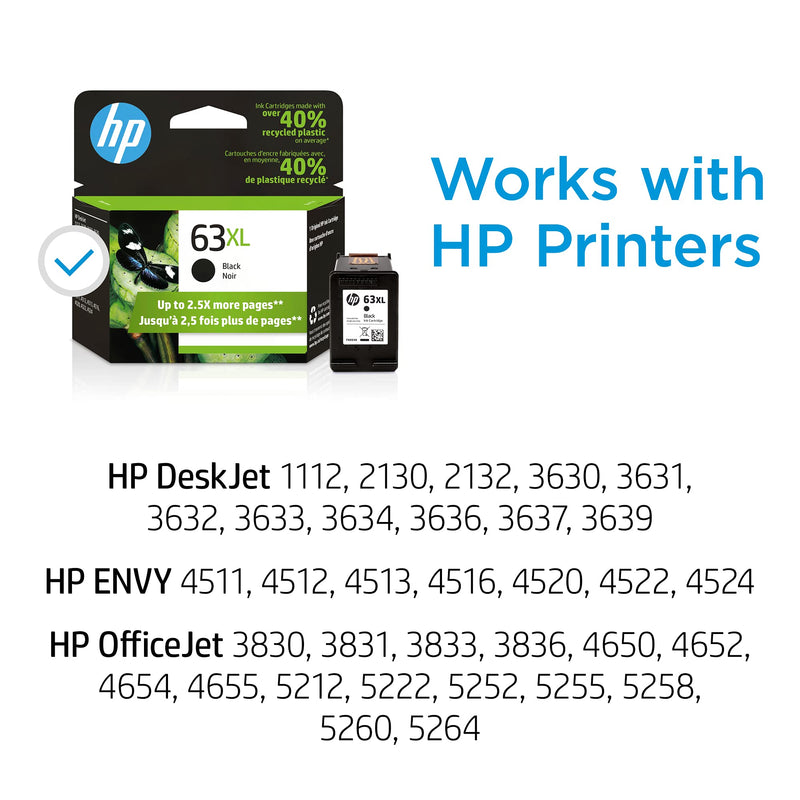 HP 63XL | Ink Cartridge | Works with HP Deskjet 1112, 2100 Series, 3600 Series, HP ENVY 4500 Series, HP OfficeJet 3800 Series, 4600 Series, 5200 Series | Black | F6U64AN