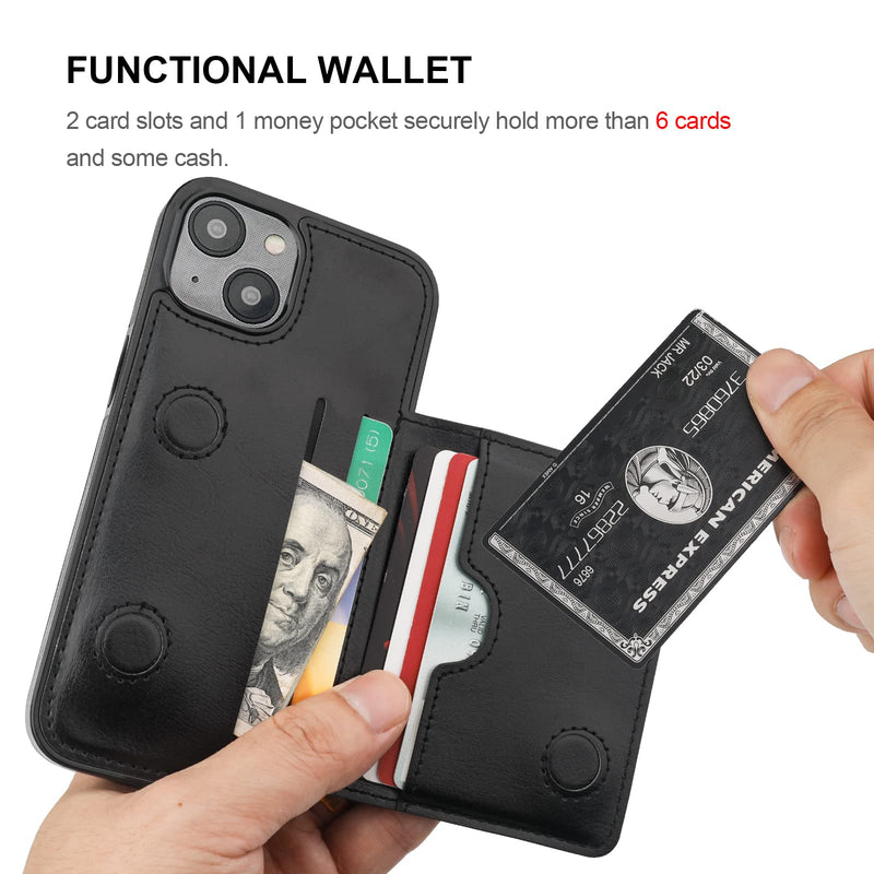 KIHUWEY Compatible with iPhone 14 Wallet Case Credit Card Holder, Premium Leather Kickstand Flip Hidden Magnetic Clasp Durable Shockproof Protective Cover for iPhone 14 6.1 inch (Black) Black
