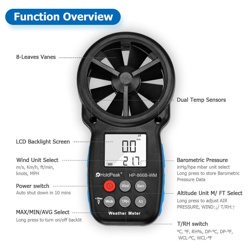 HOLDPEAK 866B-WM Digital Anemometer Handheld Wind Speed Meter with Altitude and hpa measurement, for Measuring Wind Speed, Temperature (℃/℉)，Dew point and Wind Chill with Backlight and Humidity Tester 1Pcs 866B-WM Multifunctional Anemometer