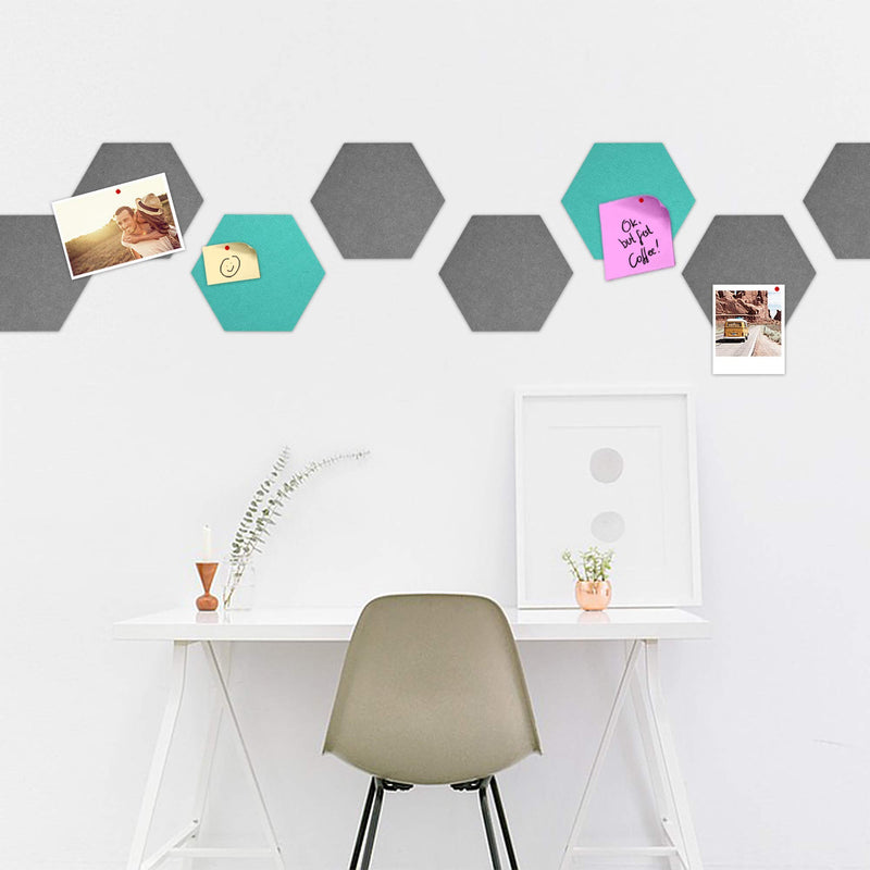 Navaris Hexagon Felt Board Tiles - Set of 12 Notice Memo Bulletin Boards with Push Pins and Double-Sided Tape 5.9" x 6.7" - Dark Gray, Turquoise Dark Grey, Turquoise