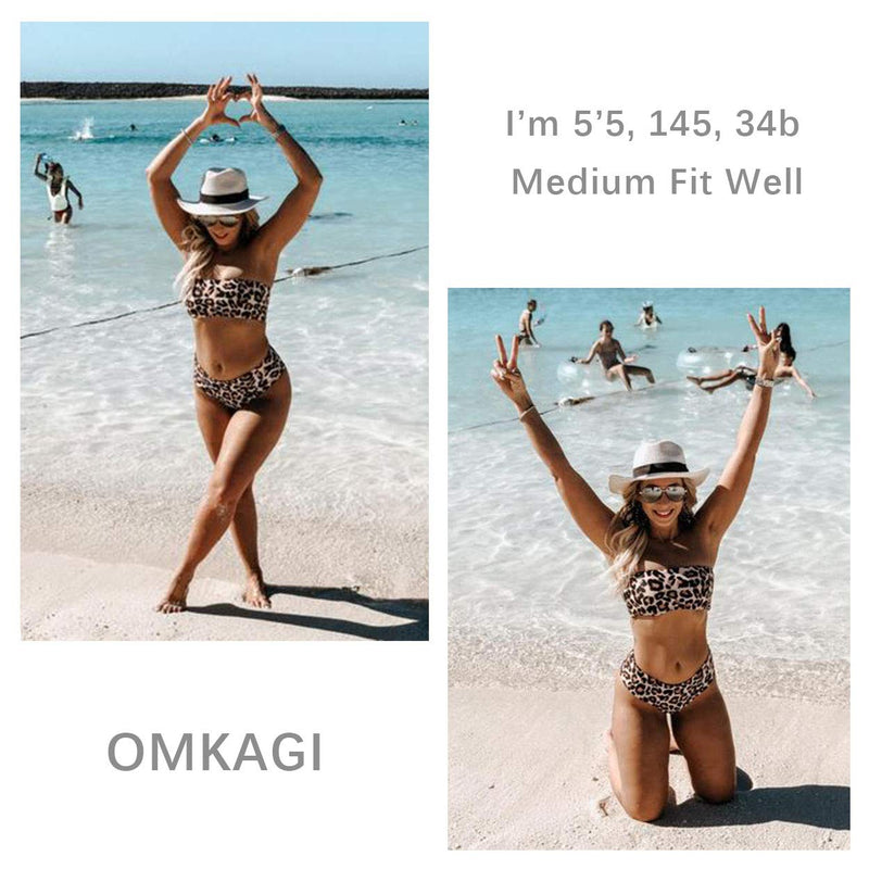 OMKAGI Women's 2 Pieces Bandeau Bikini Swimsuits Off Shoulder High Waist Bathing Suit High Cut Small 0-apricot Leopard