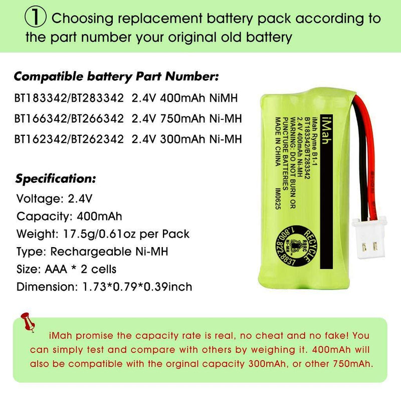 iMah BT183342/BT283342 2.4V 400mAh Ni-MH Battery Pack, Also Compatible with AT&T VTech Cordless Phone Batteries BT166342/BT266342 BT162342/BT262342 CS6709 CS6609 CS6409 BL102-3 EL52100 EL50003, 2-Pack