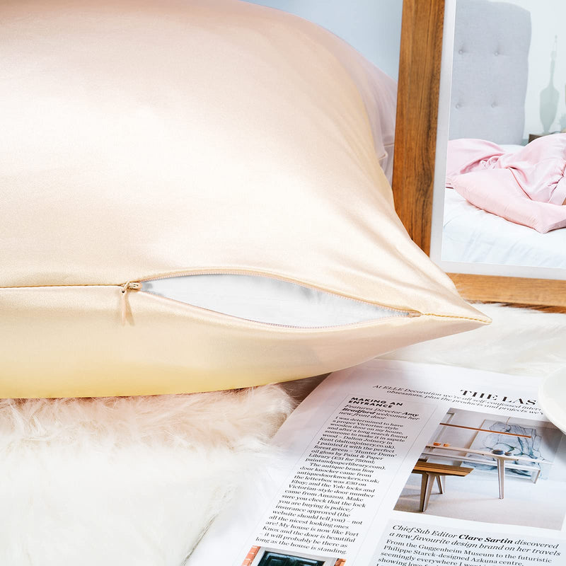 J JIMOO Natural Silk Pillowcase, for Hair and Skin with Hidden Zipper,22 Momme,600 Thread Count 100% Mulberry Silk, Soft Breathable Smooth Both Sided Silk Pillow Cover(Beige, Standard 20''×26'',1pcs) Beige Standard 20''×26''
