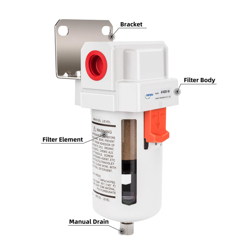 NANPU 1/2" BSP Compressed Air Filter, 5μm Brass Element, Metal Bracket, Poly Bowl, 10 Bar 1/2" BSPP