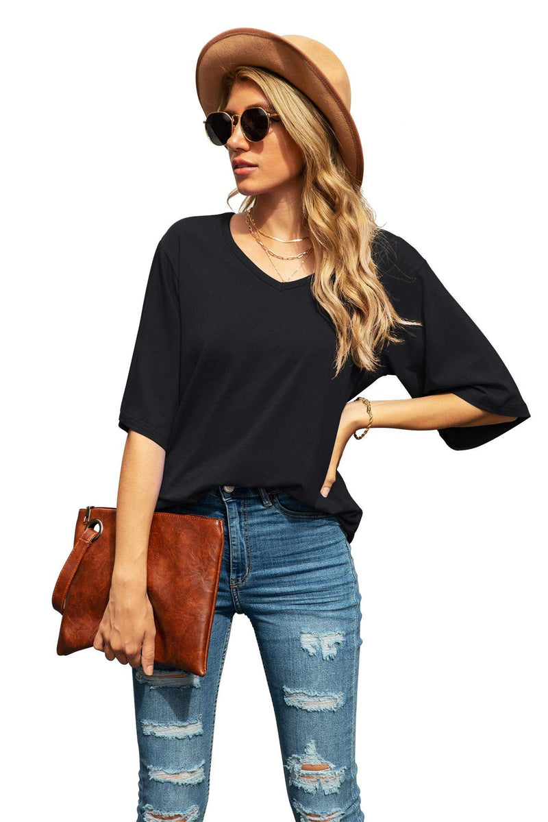 SUEANI Women's Blouse Tops Loose V Neck 3/4 Bell Sleeve Shirt Small A-01- Black