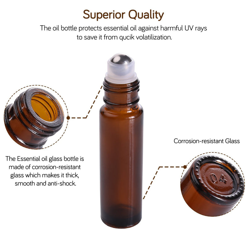 Essential Oil Roller Bottles 10ml (Amber Glass, 12pack, 2 Extra Roller Balls，24 Labels, Opener, 2 Funnels by PrettyCare) Roller Balls For Essential Oils, Roll on Bottles 12 Pack