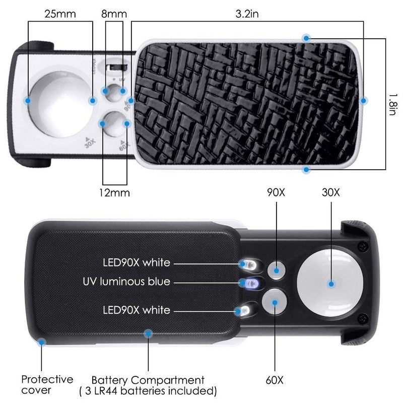 Jewelry Loupe Magnifier with UV LED Light, AFUNTA 30X 60X 90X Slide Out Pocket Magnifying Glass for Jewelry Diamonds Gems Coins Stamps Rocks Watches Hobbies Antiques Models Photos -Black Black