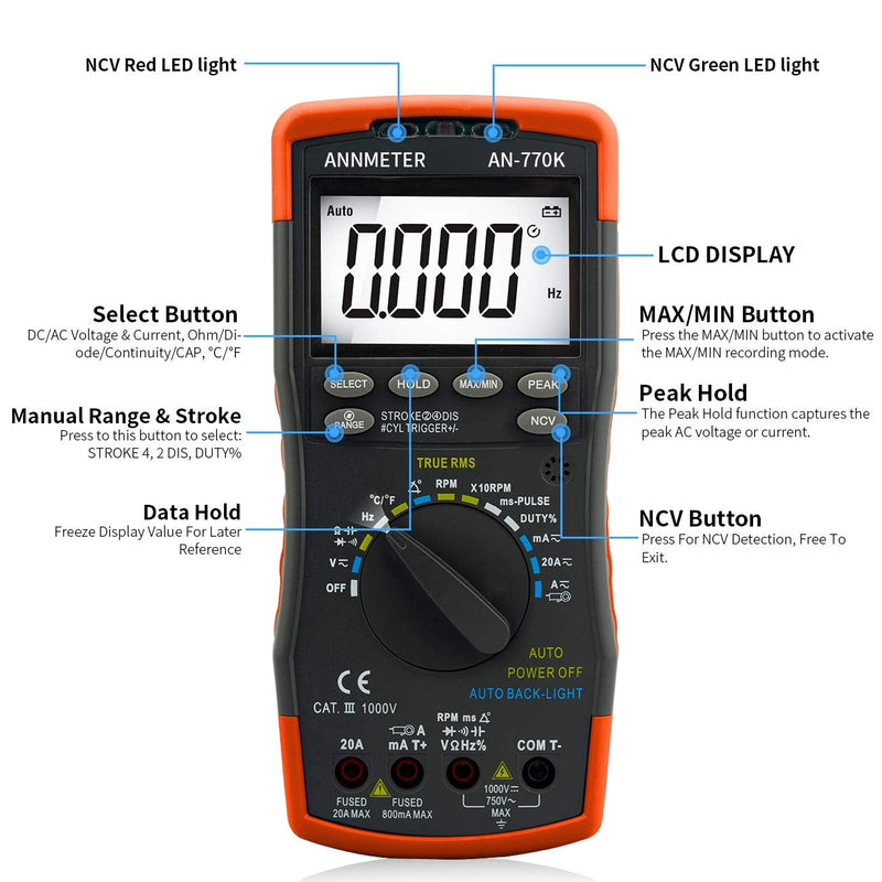 Digital Multimeter Engine Analyzer, Auto-Ranging 6000 Counts Voltage Meter, Volt Ohm Amp DMM Tester, Injection Pulse, Dwell Angle, RMP Tester for Automotive Professionals (ANNMETER AN-770K)