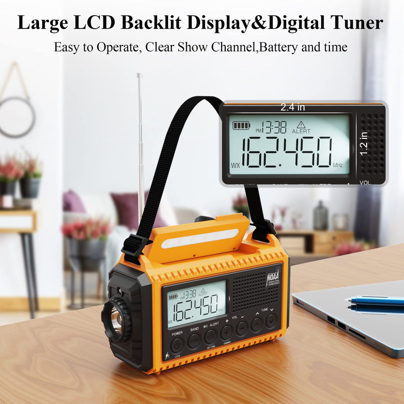 Emergency Radio,5000 Digital Weather Radio with AM/FM/NOAA/SW,SOS Survival Portable Radio,5 Way Powered Solar Hand Crank Radio with USB Charger, Flashlight, Reading Lamp, Headphone Jack for Outdoor Yellow
