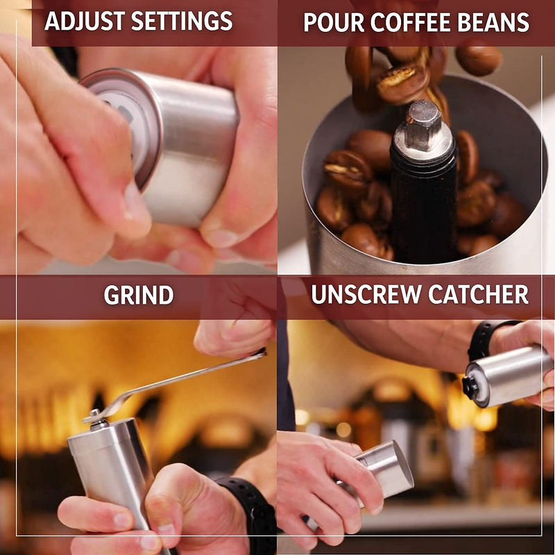 JavaPresse Manual Coffee Grinder with Adjustable Settings - Patented Conical Burr Mill & Brushed Stainless Steel Whole Bean Burr Coffee Grinder for Aeropress, Drip Coffee, Espresso, French Press