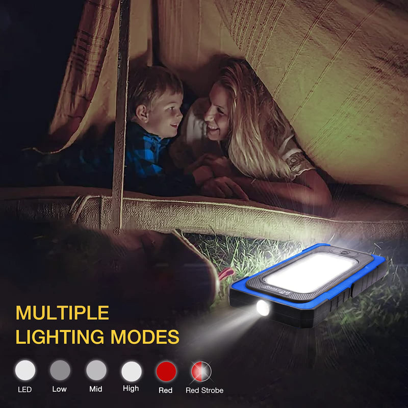 WARSUN Led Work Light, Rechargeable Work Light,Portable Magnetic Work Light, Waterproof LED Solar Flood Lights for Outdoor Camping Hiking Emergency Car Repairing (USB + Solar Charging, Blue) USB + Solar Charging
