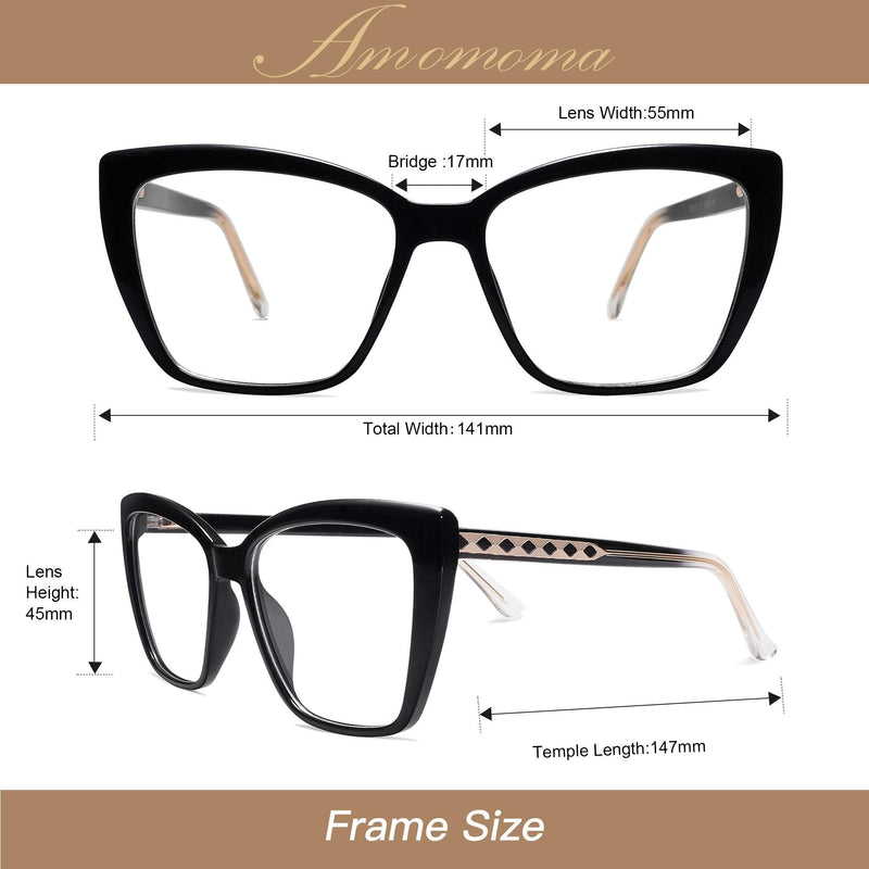 AMOMOMA Trendy TR90 Oversized Blue Light Reading Glasses Women,Stylish Square Cat Eye Glasses AM6031 0c1.black 0.0 x