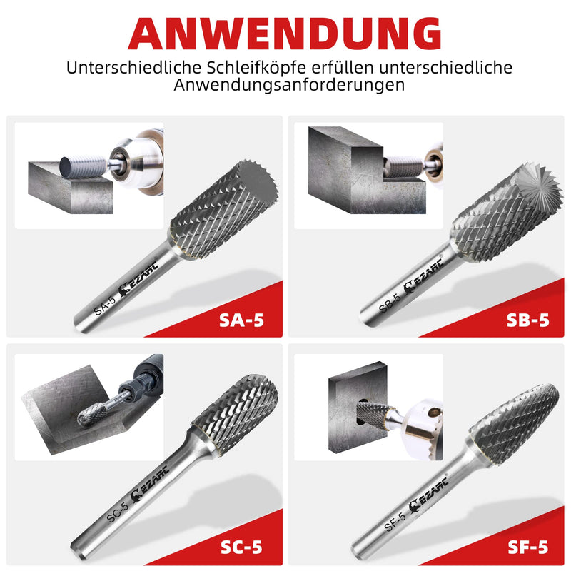 EZARC SA-5 Carbide Burrs with 1/4" Shank - Double Cut Rotary File Cylinder Shape Cutting Milling Cutter Die Grinding Drill Bit for Steel, Metal, Polishing and Engraving