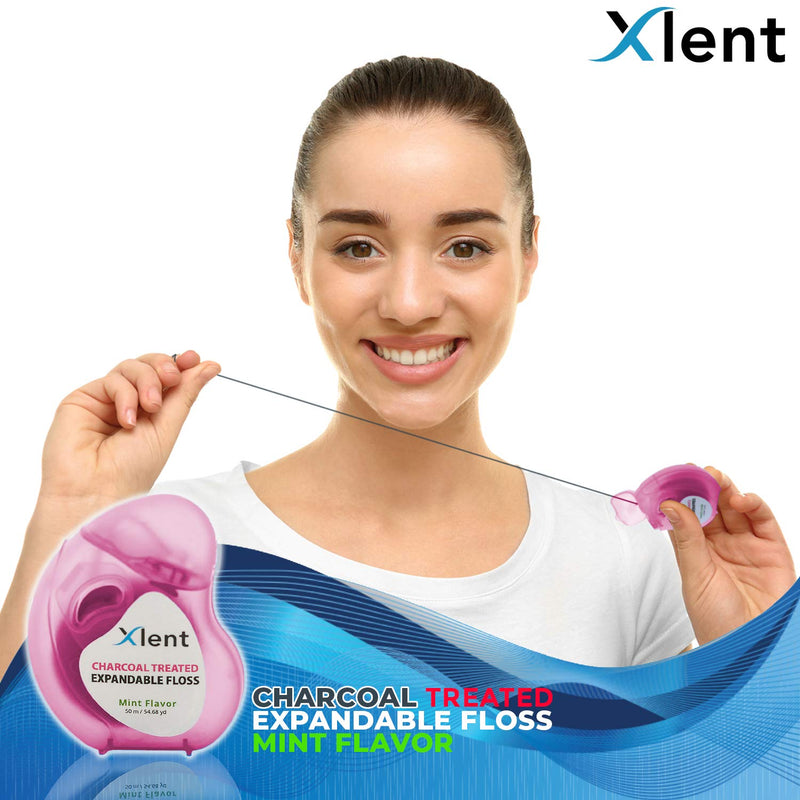Expandable Floss Treated with Activated Charcoal with Xylitol and Natural Plant Based Wax |Fresh Mint Flavor | 50 Meter (4 Count) 4 Count (Pack of 1)