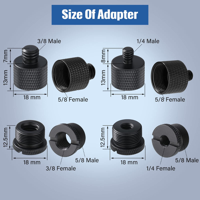 8 Pieces Mic Stand Adapter Mic Thread Adapter Set, 5/8 Female to 3/8 Male and 3/8 Female to 5/8 Male, 5/8 Female to 1/4 Male and 1/4 Female to 5/8 Male Screw Adapter Thread for Microphone (Black) Black