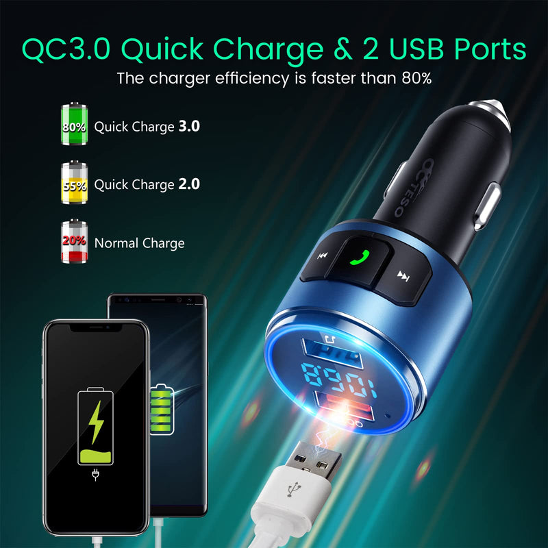 Octeso 2022 V5.0 Bluetooth FM Transmitter for Car, QC3.0 Wireless Bluetooth FM Radio Adapter Music Player/Car Kit with Hands-Free Calls, Siri Google Assistant, LED Backlit Blue