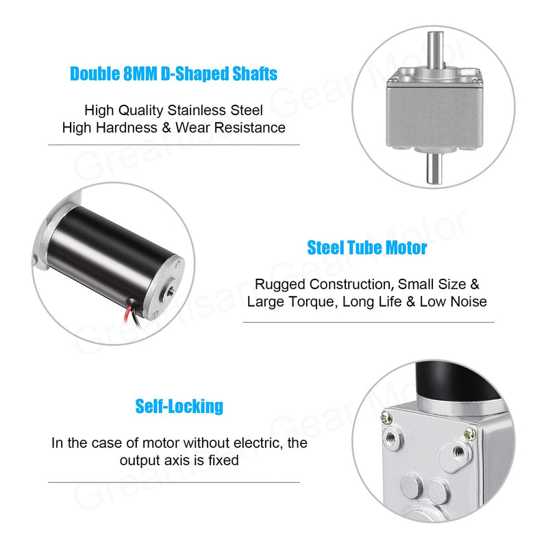 Greartisan DC 12V 3RPM 12Kg.cm 8mm Doulbe Shafts Self-Locking Reversible Worm Gear Motor with Cable, High Torque Speed Reduction Motor, Turbine Electric Gearbox Motor